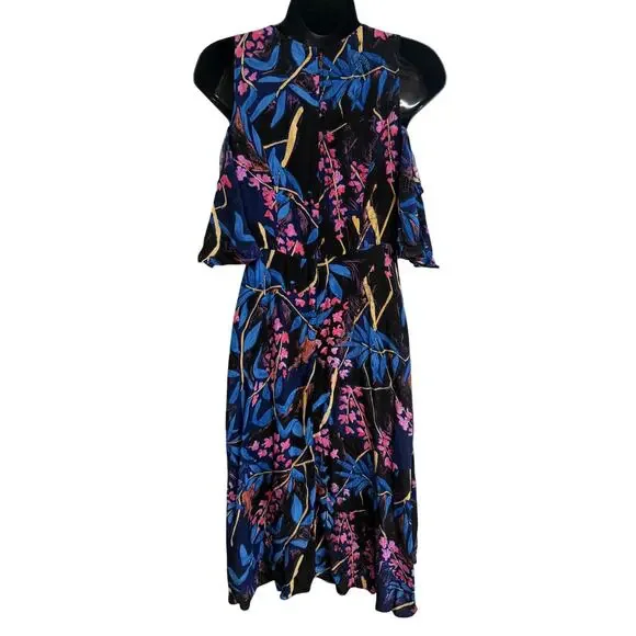 Maeve Anthropologie Dress 4 Black Shift Cold Shoulder Ruffle Lined Women EUC - Picture 4 of 9